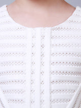 White Jewel Neck Cotton Blend Short Sleeves Tea-Length A-Line Pleated Kids Social Party Dresses