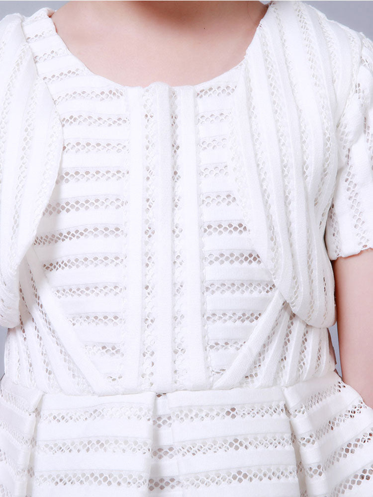 White Jewel Neck Cotton Blend Short Sleeves Tea-Length A-Line Pleated Kids Social Party Dresses