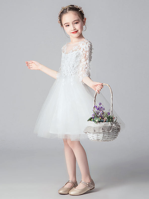 White Jewel Neck Cut Out Formal Kids Pageant flower girl dresses