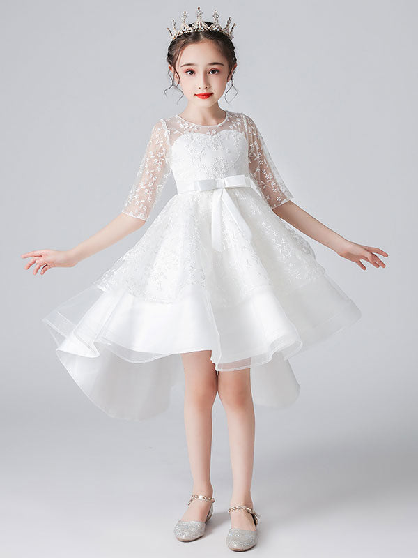 White Jewel Neck Half Sleeves Bows Kids Social Party Dresses