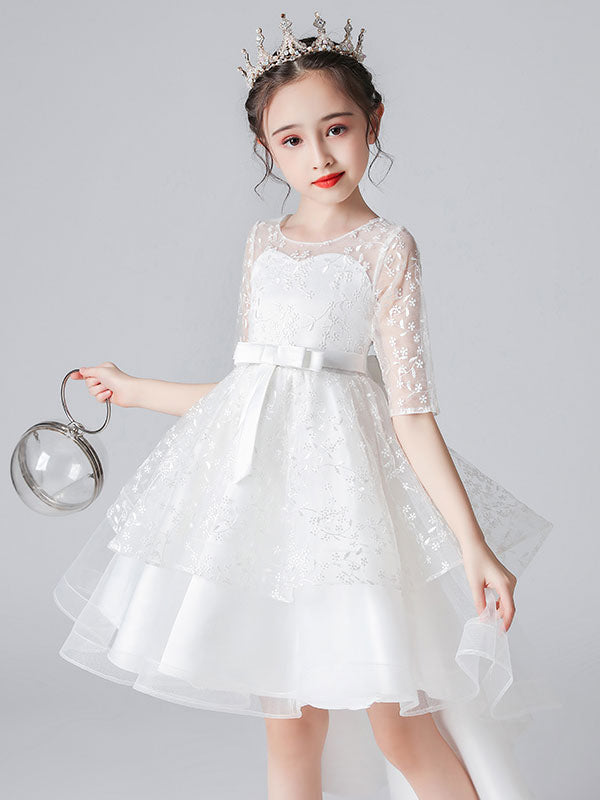 White Jewel Neck Half Sleeves Bows Kids Social Party Dresses