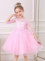 White Jewel Neck Lace Half Sleeves Silhouette Bows Short Princess Dress Kids Social Party Dresses