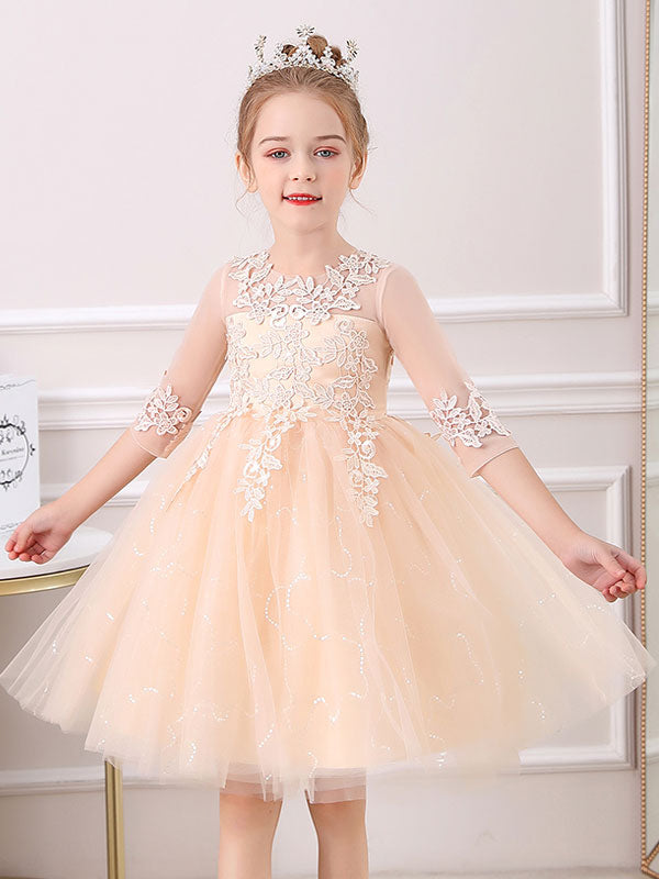 White Jewel Neck Lace Half Sleeves Silhouette Bows Short Princess Dress Kids Social Party Dresses