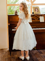 White Jewel Neck Lace Short Sleeves Tea-Length A-Line Lace flower girl dresses