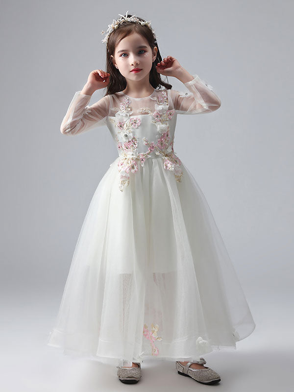 White Jewel Neck Long Sleeves Ankle-Length Princess Dress Tulle Flowers Beaded Embroidered Formal Kids Pageant flower girl dresses