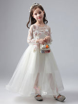 White Jewel Neck Long Sleeves Ankle-Length Princess Dress Tulle Flowers Beaded Embroidered Formal Kids Pageant flower girl dresses