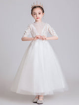 White Jewel Neck Polyester Half Sleeves Ankle-Length Princess Dress Kids Formal Pageant Dresses