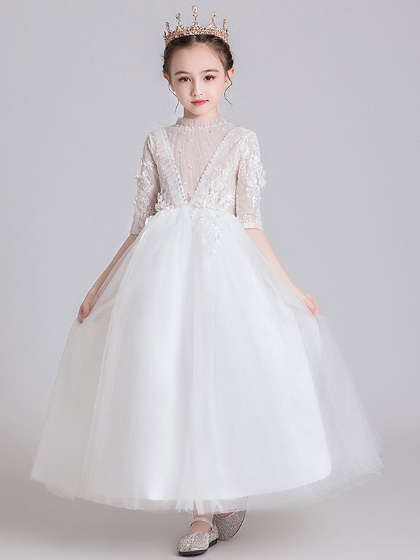 White Jewel Neck Polyester Half Sleeves Ankle-Length Princess Dress Kids Formal Pageant Dresses