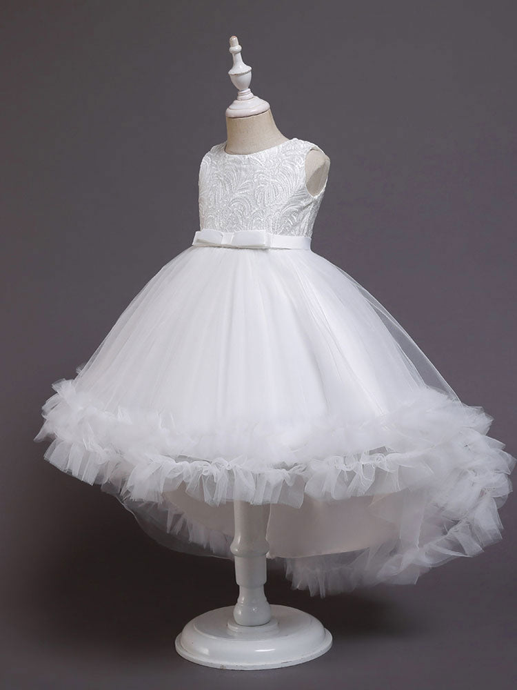 White Jewel Neck Polyester Sleeveless With Train A-Line Embroidered Kids Social Party Dresses