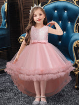 White Jewel Neck Polyester Sleeveless With Train A-Line Embroidered Kids Social Party Dresses