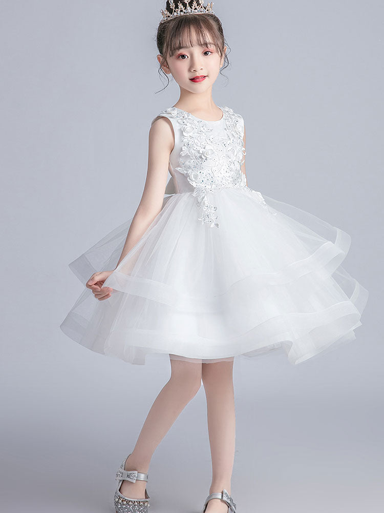 White Jewel Neck Short Sleeves Embroidered Kids Party Dresses