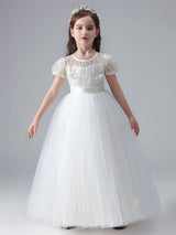 White Jewel Neck Short Sleeves Flowers Embellishment Tulle Lace Kids Social Party Dresses