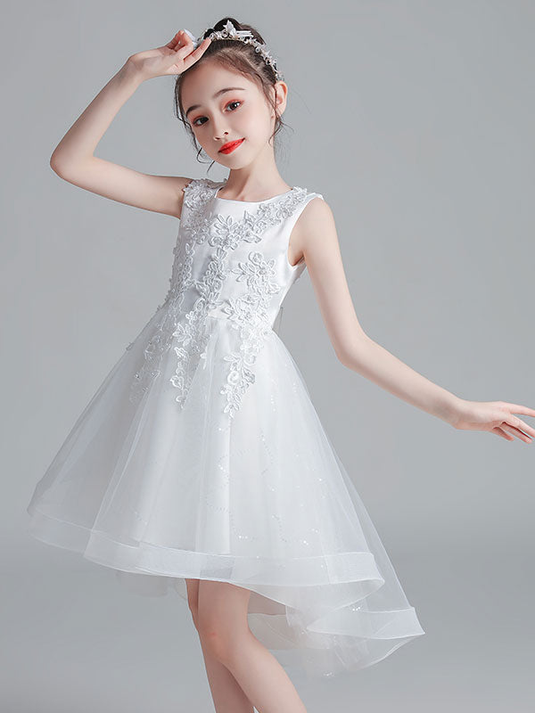 White Jewel Neck Sleeveless Bows Kids Party Dresses Short Princess Dress