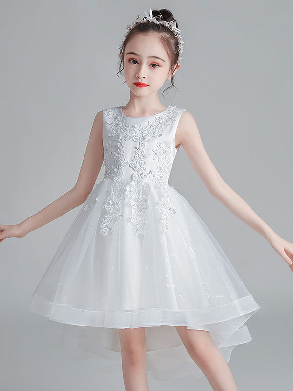 White Jewel Neck Sleeveless Bows Kids Party Dresses Short Princess Dress