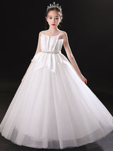 White Jewel Neck Sleeveless Floor-Length Tulle Princess Dress Pleated Kids Party Dresses