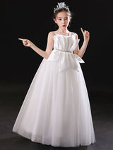 White Jewel Neck Sleeveless Floor-Length Tulle Princess Dress Pleated Kids Party Dresses