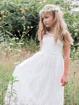 White Jewel Neck Sleeveless Sash Lace Formal Kids Pageant flower girl dresses