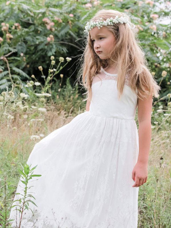 White Jewel Neck Sleeveless Sash Lace Formal Kids Pageant flower girl dresses