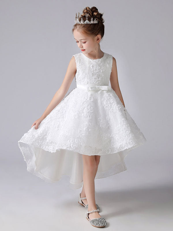 White Jewel Neck Sleeveless Short Princess Dress Bows Kids Social Party Dresses