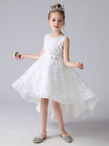 White Jewel Neck Sleeveless Short Princess Dress Bows Kids Social Party Dresses