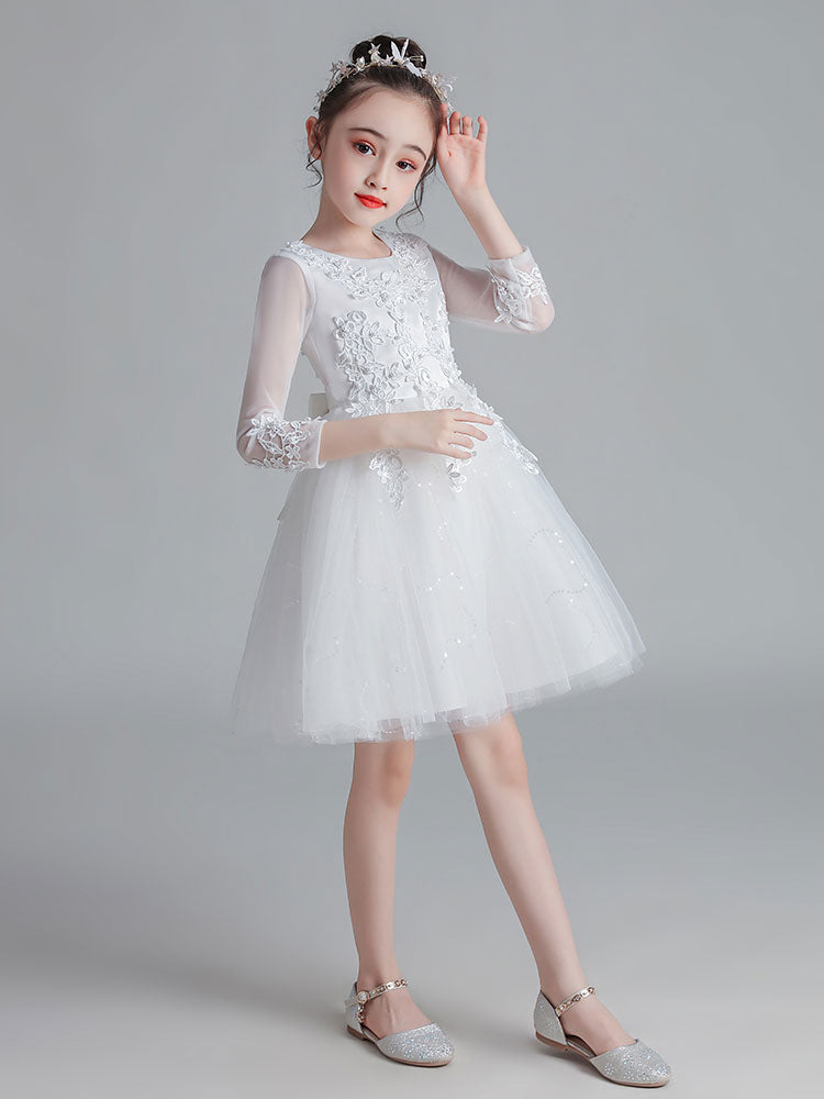 White Jewel Neck Sleeves Tulle Polyester Cotton Lace Embroidered Kids Party Dresses