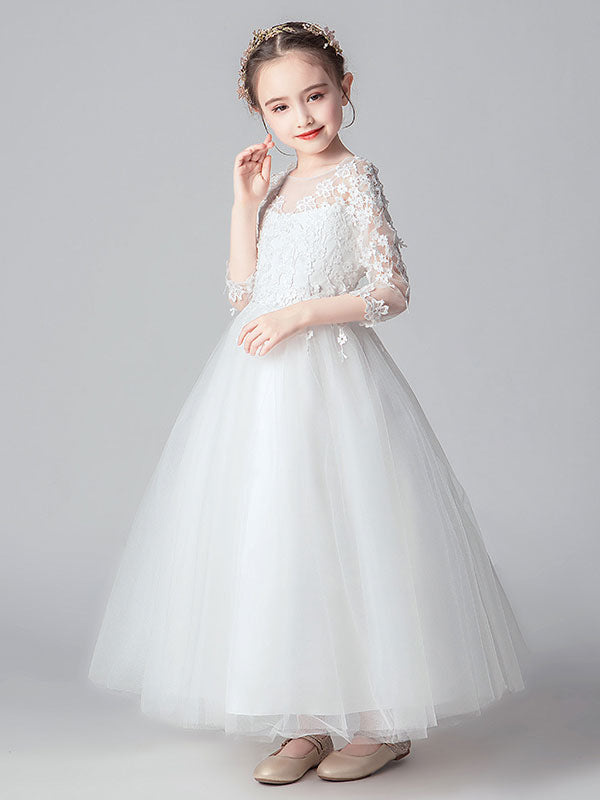 White Jewel Neck Tulle Ankle-Length Princess Dress Cut Out Formal flower girl dresses