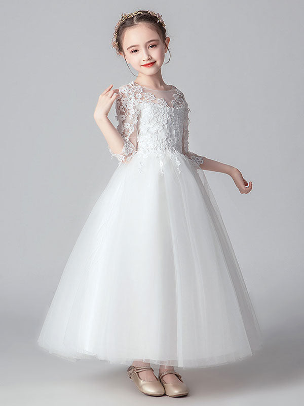White Jewel Neck Tulle Ankle-Length Princess Dress Cut Out Formal flower girl dresses