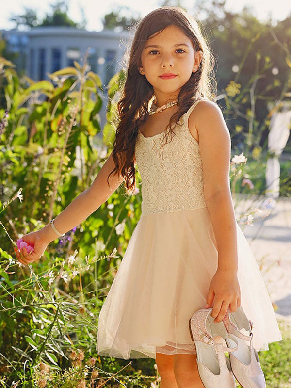 White Jewel Neck Tulle Sleeveless Short A-Line Bows Kids Party Dresses