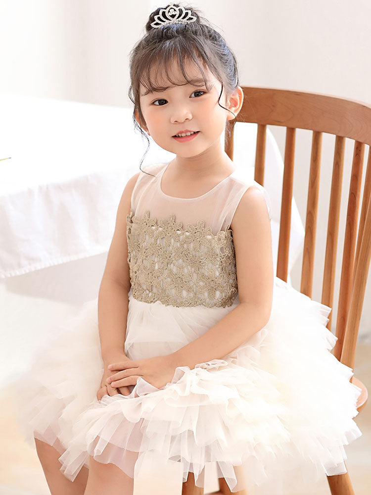White Jewel Neck Tulle Sleeveless Short Princess Kids Social Party Dresses