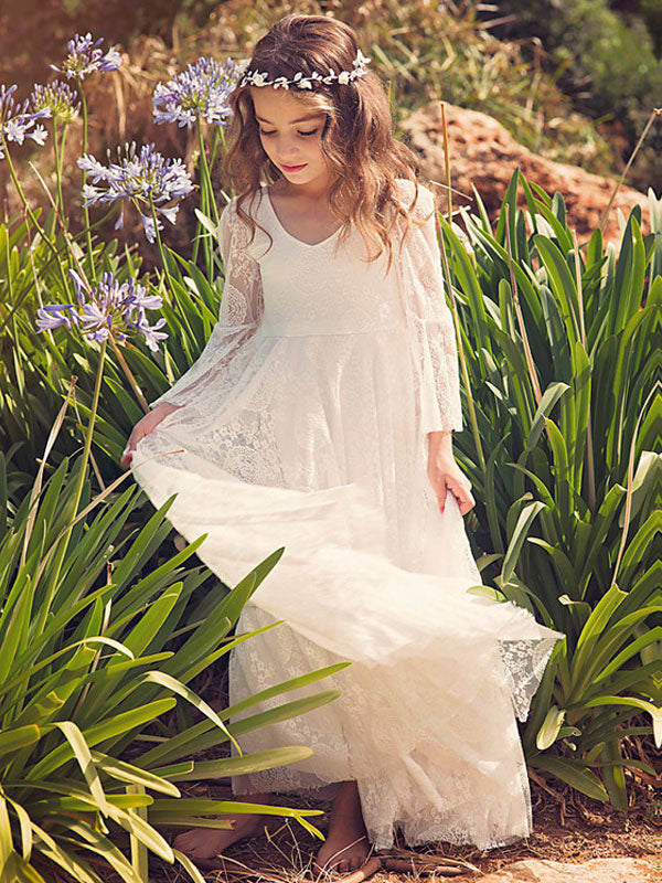 White Lace Flare Sleeve Sash A-line V Neck Ankle Length Boho flower girl dress