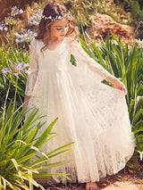White Lace Flare Sleeve Sash A-line V Neck Ankle Length Boho flower girl dress