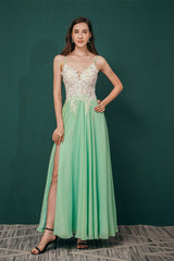 White Lace Spaghetti-StrapsS High Split Mint green Evening Party Gowns
