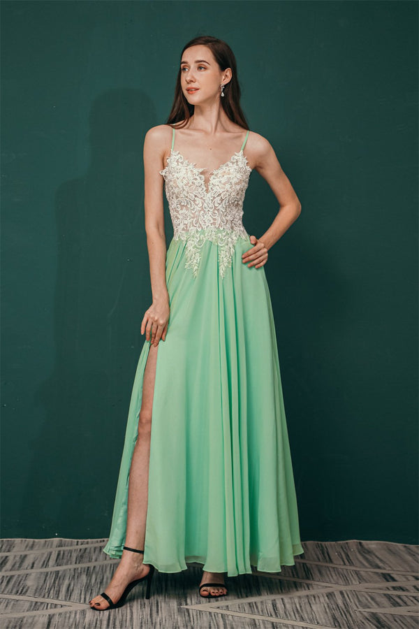 White Lace Spaghetti-StrapsS High Split Mint green Evening Party Gowns
