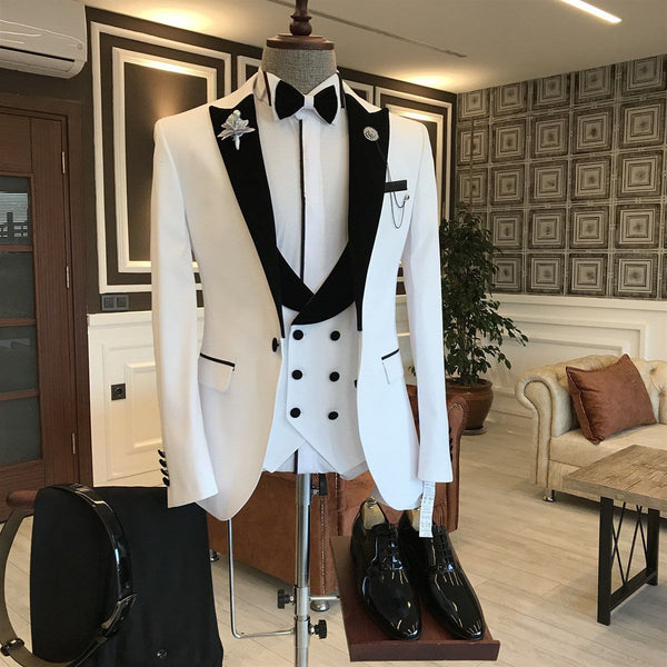 White Mixed Black Peaked Lapel One Button Slim Fit Prom Men Suit