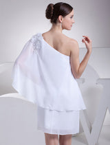 White One-Shoulder Applique Beading Flower Sheath Knee-Length Bridesmaid Dress