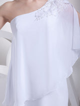White One-Shoulder Applique Beading Flower Sheath Knee-Length Bridesmaid Dress