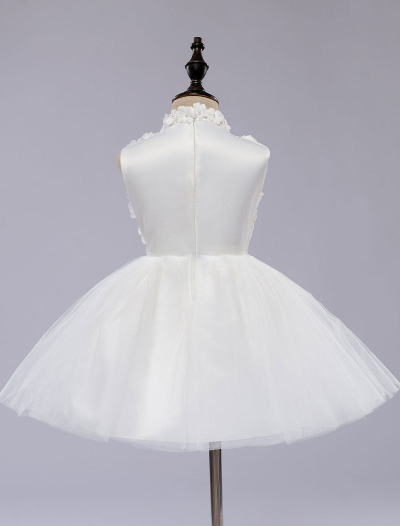 White Pageant Tutu Dress With Lace Flower Applique flower girl dress