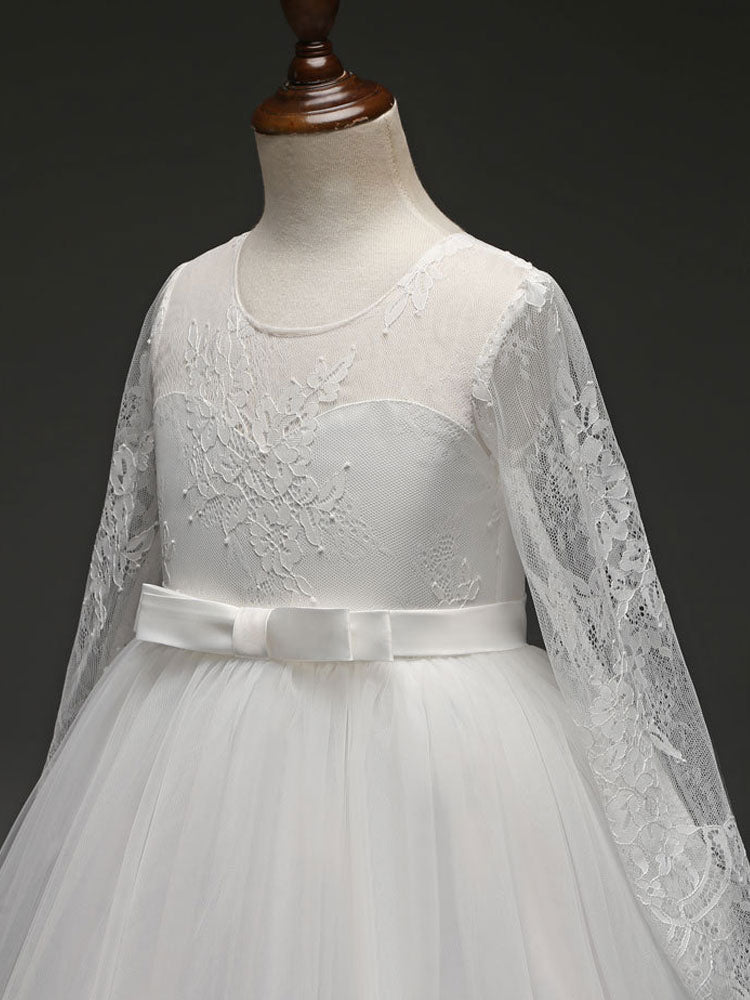 White Princess Pageant Dress Long Sleeve Lace Kids Bow Sash Long Party Dress