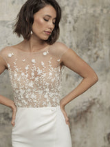 White Short Wedding Dress Illusion Neckline Jewel Neck Sleeveless Column Bodycon Short Bridal Gowns