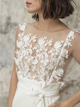 White Short Wedding Dresses Illusion Neckline Jewel Neck Short Sleeves Column Lace Bows Cut-Outs Ruffles Bridal Gowns