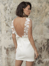 White Short Wedding Dresses Illusion Neckline Jewel Neck Short Sleeves Column Lace Bows Cut-Outs Ruffles Bridal Gowns