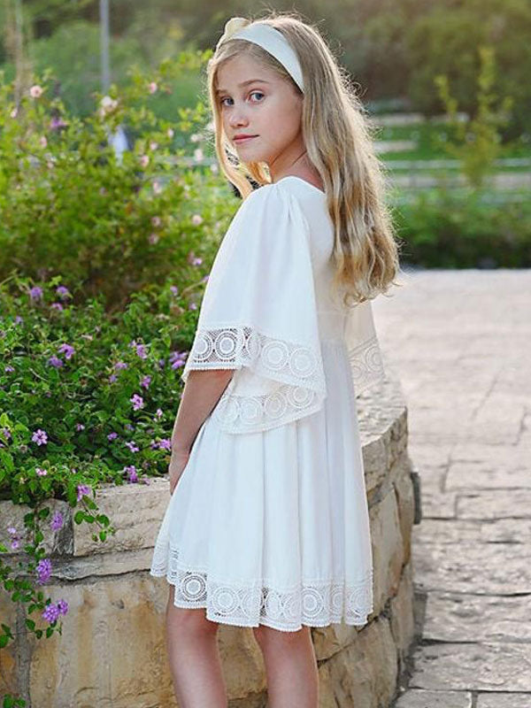 White Square Neck Polyester Short Sleeves Short A-Line Kids Social Party Dresses