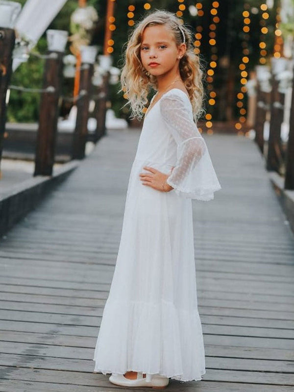 White V-Neck Lace Long Sleeves Floor-Length A-Line Lace Kids Social Party Dresses