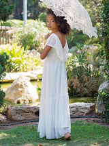 White V-Neck Lace Short Sleeves Floor-Length A-Line Applique Kids Social Party Dresses