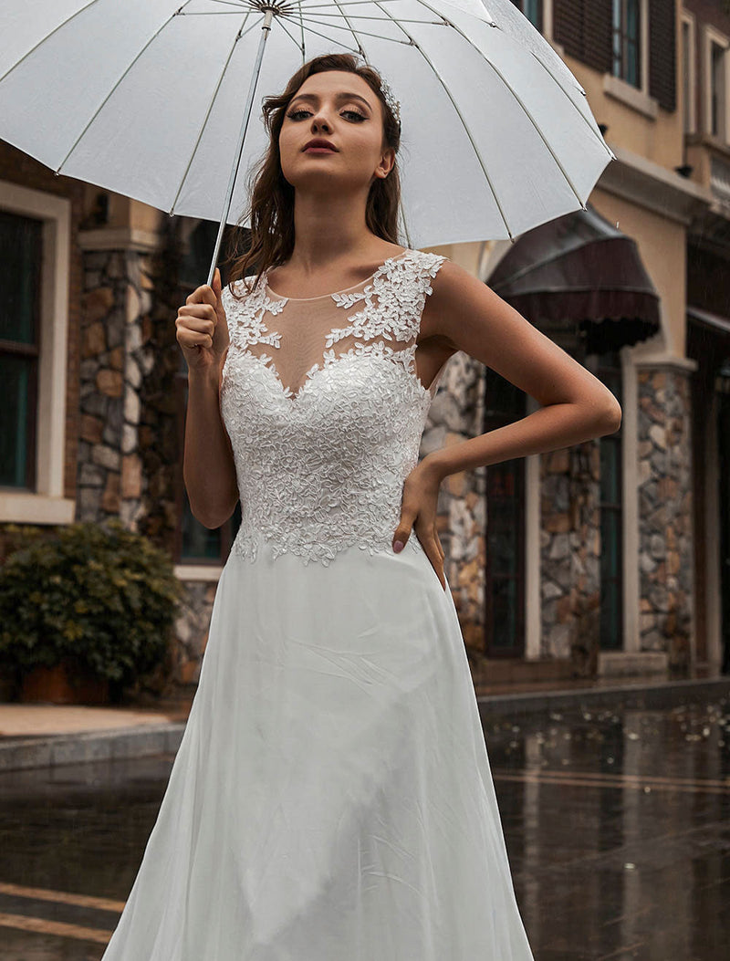 White Wedding Dress Illusion Neckline Sleeveless Applique Chiffon Long Bridal Gowns Train Dress