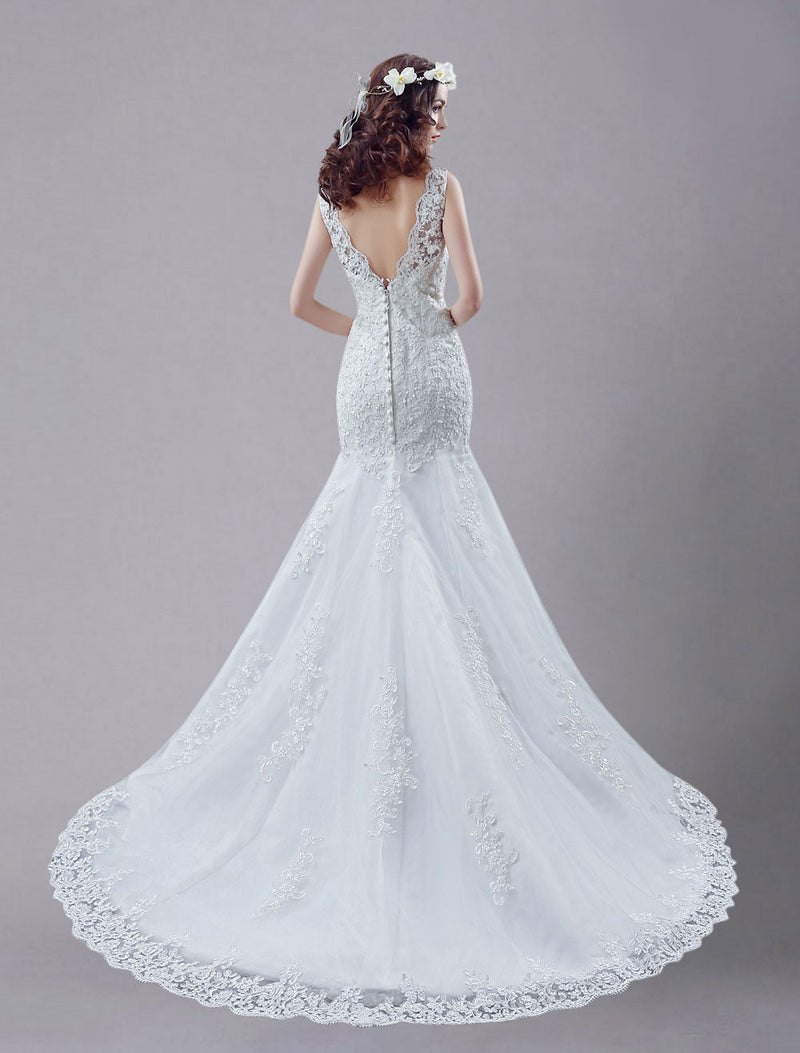 White Wedding Dress Lace Sexy Backless Bridal Gowns Rhinestones Beaded Mermaid Wedding Gown