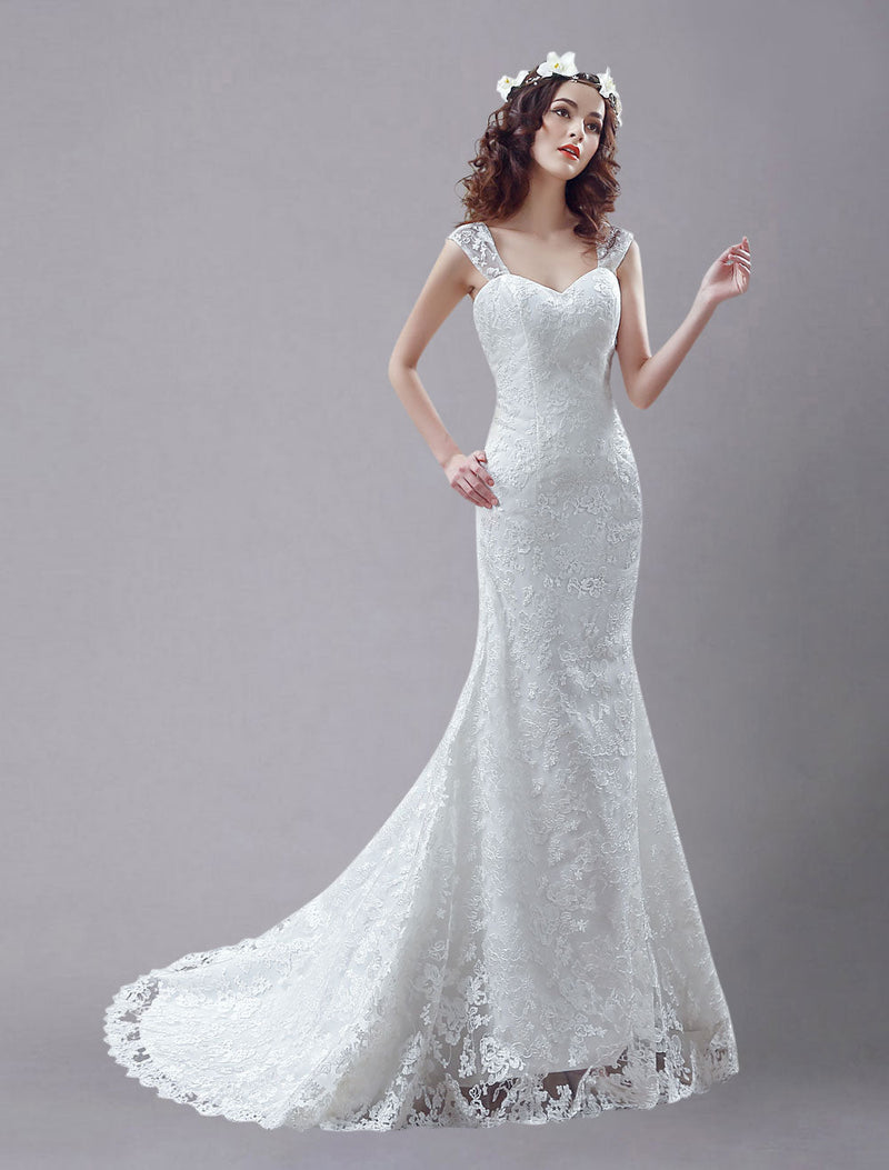 White Wedding Dress Queen Anne Mermaid Sexy Backless Lace Wedding Gown