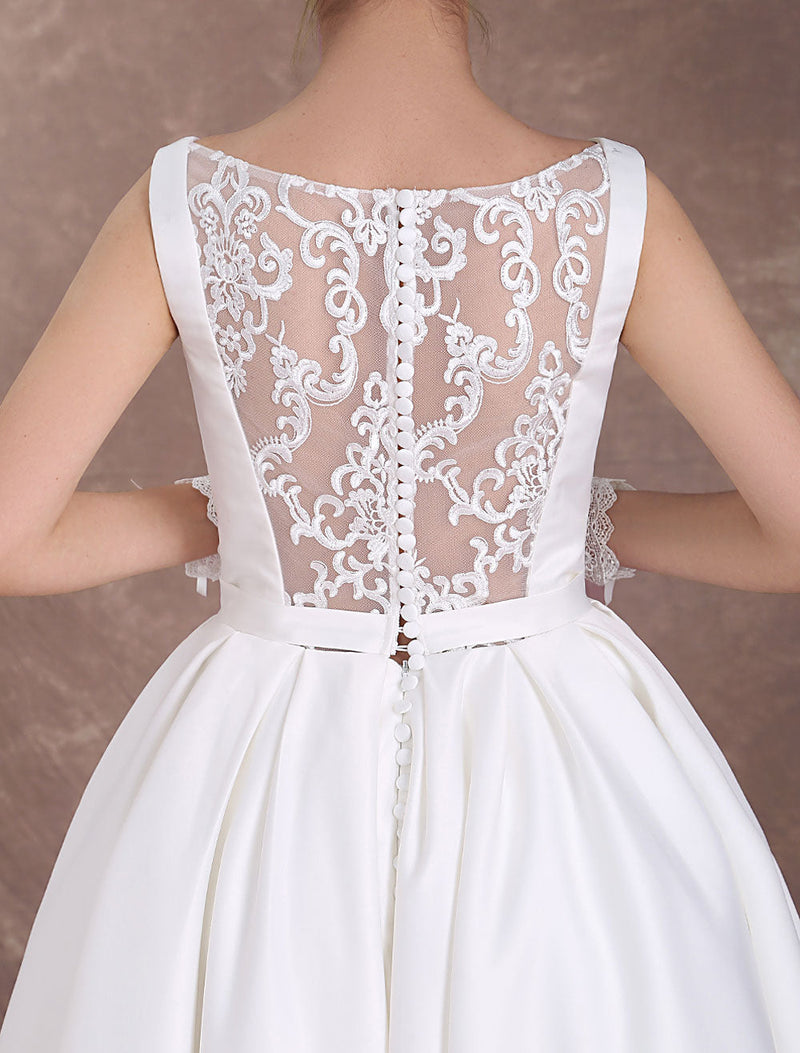 White Wedding Dresses Short Retro Bridal Dress 1950s Satin Straps Bow Sash Tea Length Rockabilly Wedding Reception Dress Exclusive