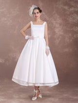 White Wedding Dresses Short Retro Bridal Dress 1950s Satin Straps Bow Sash Tea Length Rockabilly Wedding Reception Dress Exclusive