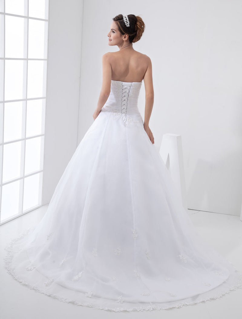 White Wedding Dresses Strapless Bridal Gown Lace Beading Side Draped Bridal Dress With Train